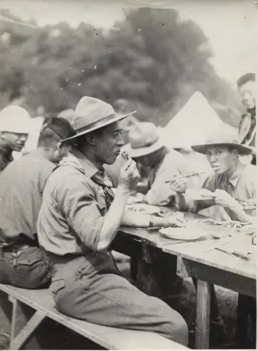 Framed Print : Japanese scouts eating at camp Framed Print : Japanese scouts eating at camp