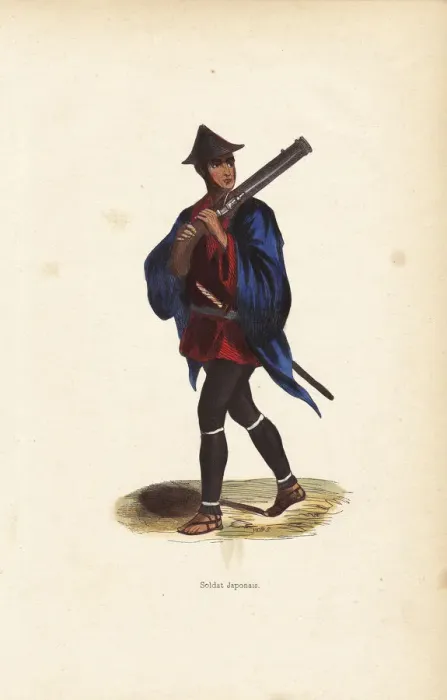 Framed Print : Japanese soldier wearing a helmet, kimono, leggings, sandals Framed Print : Japanese soldier wearing a helmet, kimono, leggings, sandals