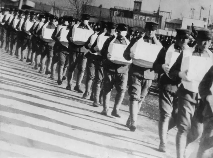 Framed Print : Japanese troops carry ashes in Tokyo Framed Print : Japanese troops carry ashes in Tokyo