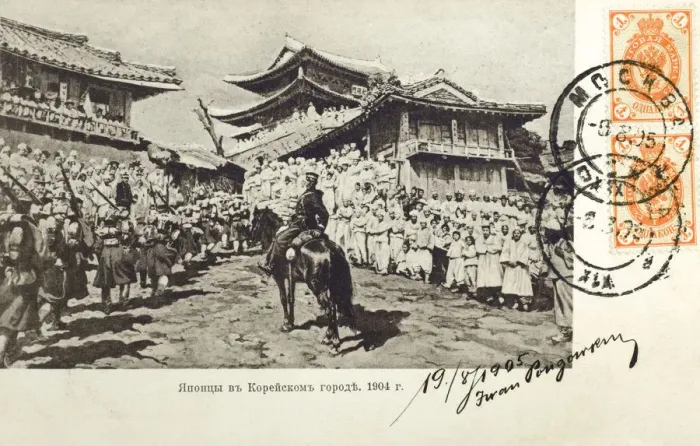 Framed Print : Japanese troops entering a Korean City Framed Print : Japanese troops entering a Korean City