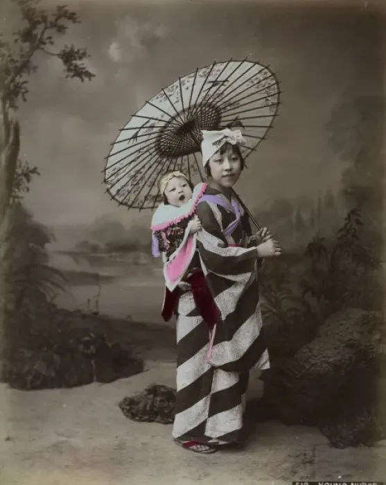 Framed Print : Japanese woman carrying baby on her back Framed Print : Japanese woman carrying baby on her back