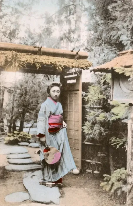 Framed Print : Japanese woman at the entrance to her garden Framed Print : Japanese woman at the entrance to her garden