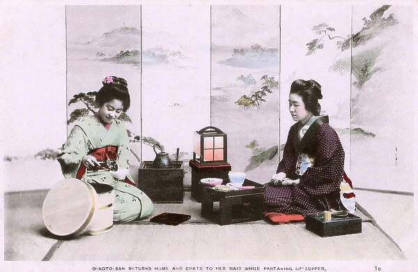 Japanese Woman O-Koto-San and maid at suppertime