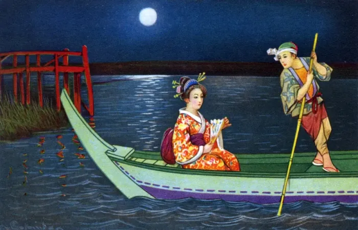 Framed Print : Japanese woman taken out for a moonlit boat trip on the lake Framed Print : Japanese woman taken out for a moonlit boat trip on the lake