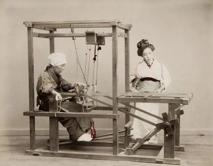 Framed Print : Japanese woman weaving cloth on a loom, Japan Framed Print : Japanese woman weaving cloth on a loom, Japan