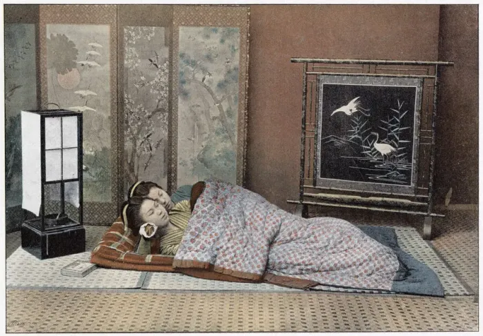 Framed Print : Two Japanese women asleep in a simple bed. Date: 1890s Framed Print : Two Japanese women asleep in a simple bed. Date: 1890s