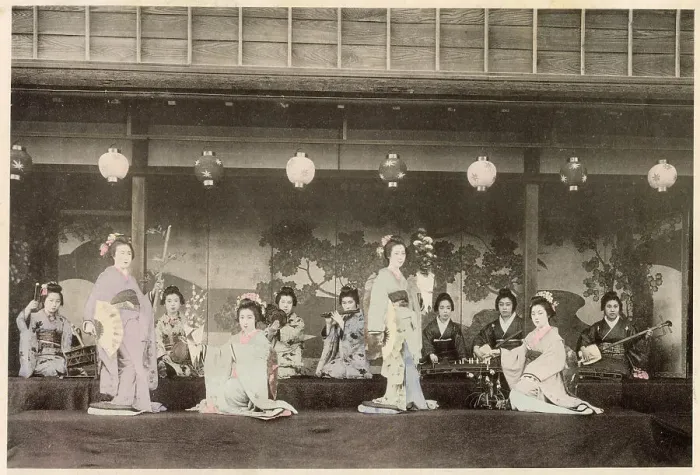 Framed Print : Japanese women performing the Koyo dance Date: circa 1890s Framed Print : Japanese women performing the Koyo dance Date: circa 1890s