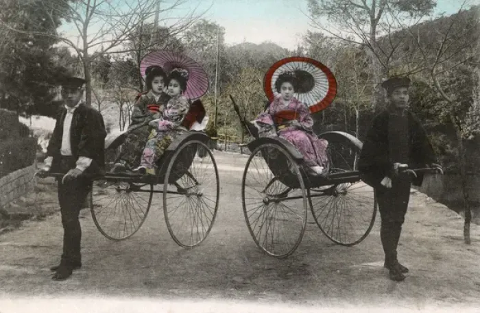 Framed Print : Japanese women transported by rickshaw Framed Print : Japanese women transported by rickshaw
