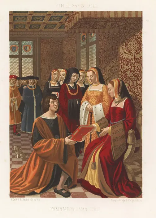 Framed Print : Jean Desmaretz presenting a book to Queen Anne of France, 15thC