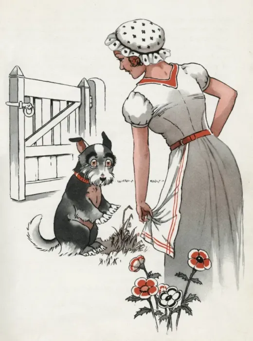 Framed Print : Jeek the puppy strays into a cottage garden