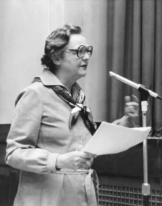Framed Print : Jessica Mitford speaking at a microphone Framed Print : Jessica Mitford speaking at a microphone