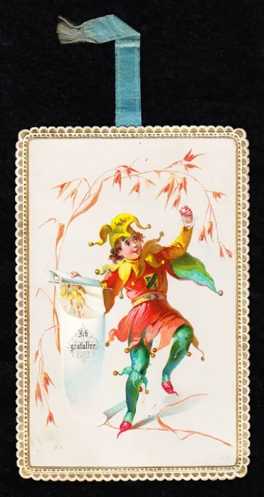 Framed Print : Jester dancing on a German greetings card Framed Print : Jester dancing on a German greetings card