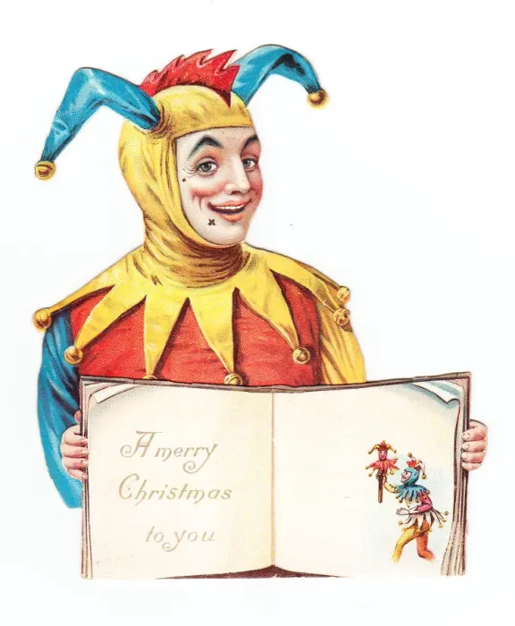 Framed Print : Jester with an open book on a cutout Christmas card Framed Print : Jester with an open book on a cutout Christmas card