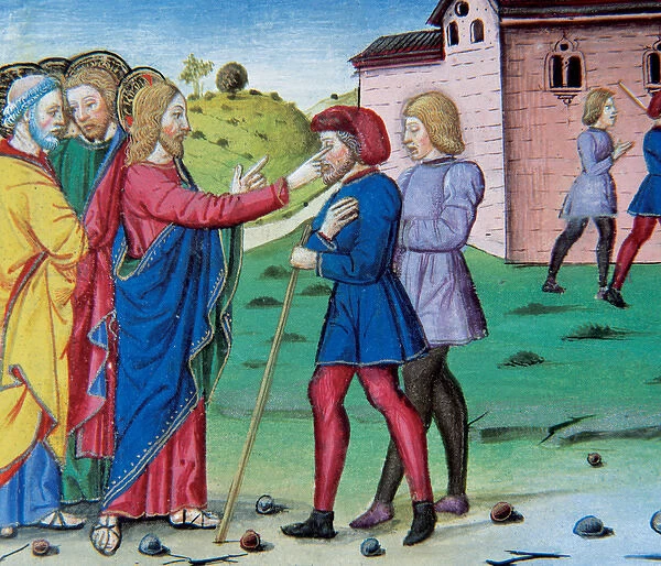 Jesus healing two blind. Codex of Predis (1476). Italy