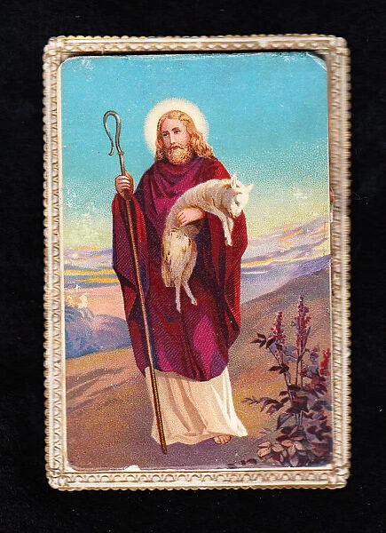 Jesus with lamb on a religious card