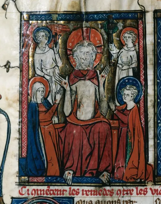 Framed Print : Jesus showing sores with Virgin Mary and Saint John and two Framed Print : Jesus showing sores with Virgin Mary and Saint John and two
