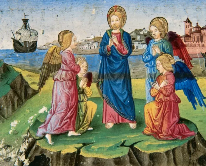Framed Print : Jesus, after being tempted by the devil, is surrounded by an Framed Print : Jesus, after being tempted by the devil, is surrounded by an