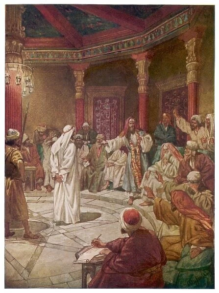 Jesus on Trial. He is accused of blasphemy by Caiaphas, the High Priest