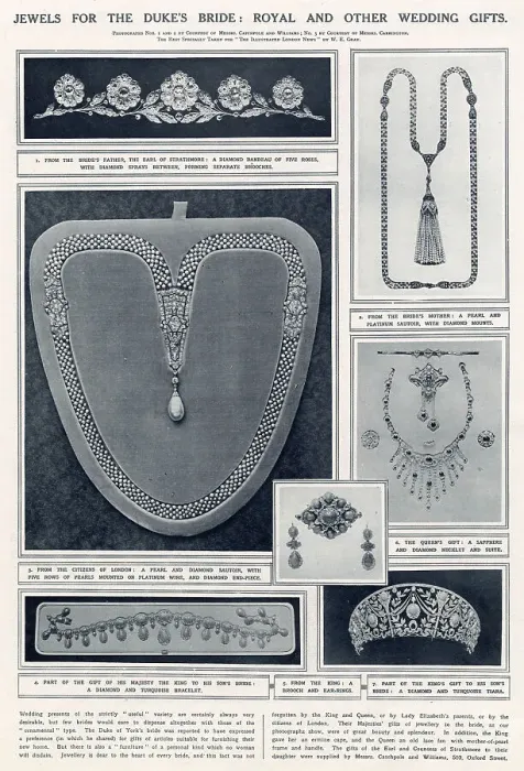 Framed Print : Jewels for the Duke's bride: royal and other wedding gifts given to the Duke and Duchess of York in 1923. 1. A diamond bandeau from the bride's father, the Earl of Strathmore; 2 Framed Print : Jewels for the Duke's bride: royal and other wedding gifts given to the Duke and Duchess of York in 1923. 1. A diamond bandeau from the bride's father, the Earl of Strathmore; 2