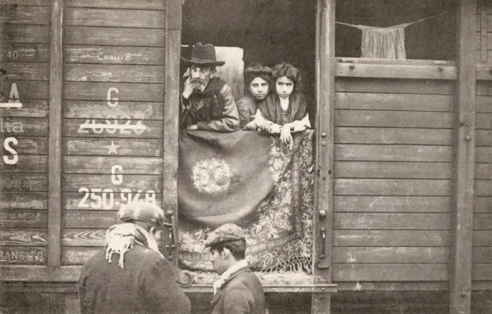 Framed Print : Jewish family camping inside a railway wagon Framed Print : Jewish family camping inside a railway wagon