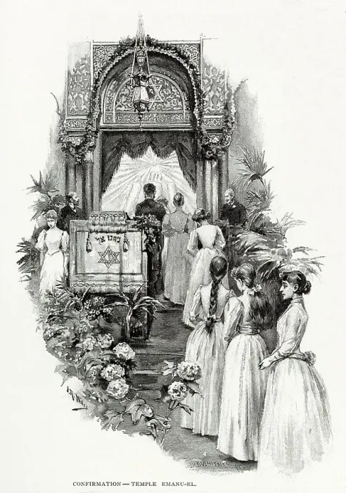 Framed Print : The Jews in New York Girls going to CONFIRMATION, Temple Emanuel. Date: 1892 Framed Print : The Jews in New York Girls going to CONFIRMATION, Temple Emanuel. Date: 1892