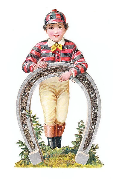Jockey with horseshoe on a cutout Christmas card