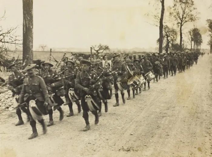 Framed Print : Jocks being piped back after being in the trenches Framed Print : Jocks being piped back after being in the trenches