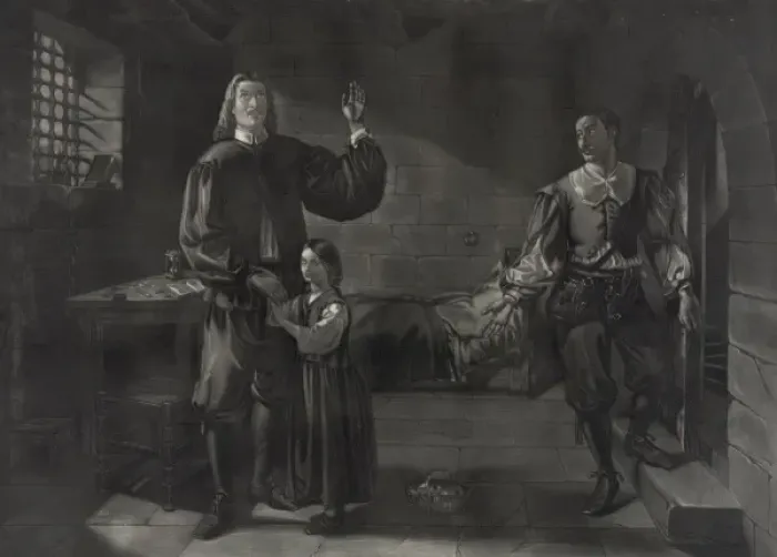 Framed Print : John Bunyan in Bedford Jail, 1667, his blind child leaving h Framed Print : John Bunyan in Bedford Jail, 1667, his blind child leaving h