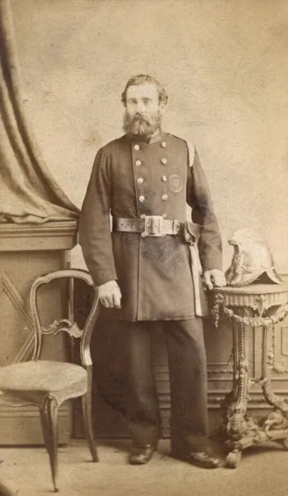 Framed Print : John Howard, Victorian fireman, in studio portrait Framed Print : John Howard, Victorian fireman, in studio portrait