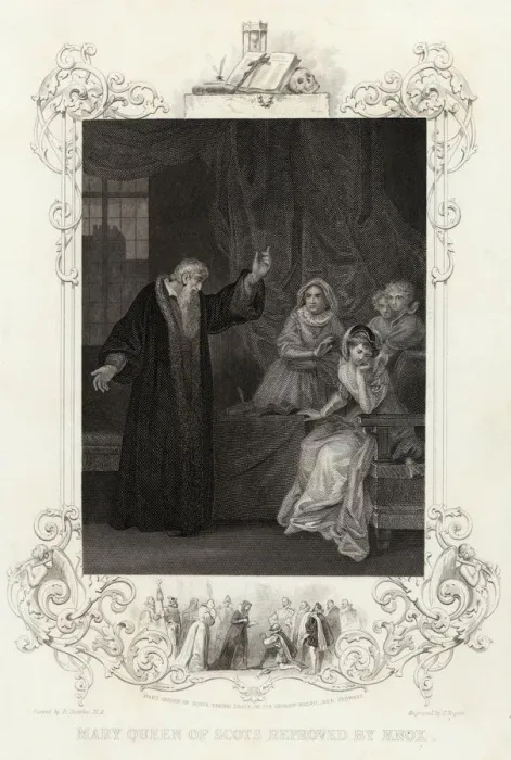 Framed Print : John Knox (1505-1572). Reproves Mary Queen of Scots in 1563 Date: 1563 Framed Print : John Knox (1505-1572). Reproves Mary Queen of Scots in 1563 Date: 1563