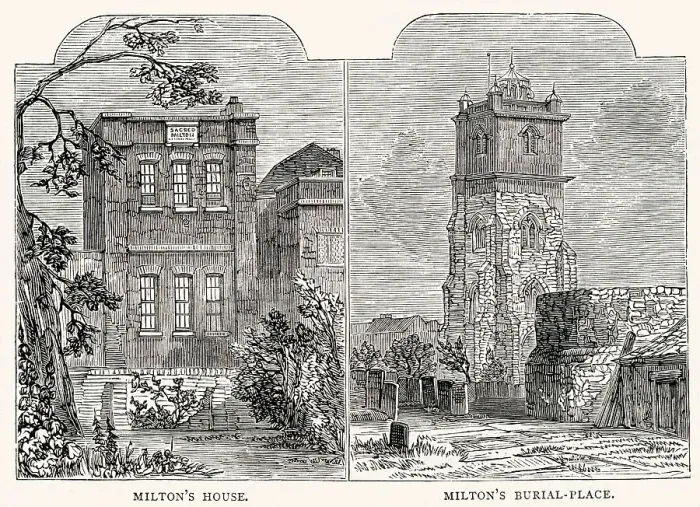 Framed Print : John Milton's (1608 - 1674), English poet and intellectual, house at 19 York Street (Petty France), where he lived until the Restoration, and his burial place at St Giles church without Cripplegate Framed Print : John Milton's (1608 - 1674), English poet and intellectual, house at 19 York Street (Petty France), where he lived until the Restoration, and his burial place at St Giles church without Cripplegate