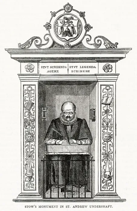 Framed Print : John Stow's monument in St Andrew Undershaft, London. With arms of the Worshipful Company of Merchant Taylors and Latin inscription meaning: Either do things worth writing or write things worth reading Framed Print : John Stow's monument in St Andrew Undershaft, London. With arms of the Worshipful Company of Merchant Taylors and Latin inscription meaning: Either do things worth writing or write things worth reading