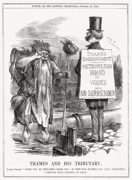 Framed Print : John Thwaites, chairman of the Metropolitan Board of Works, face to face with Father Thames, to improve the River Thames, Embankment Londons sewerage system. Date: 1861 Framed Print : John Thwaites, chairman of the Metropolitan Board of Works, face to face with Father Thames, to improve the River Thames, Embankment Londons sewerage system. Date: 1861