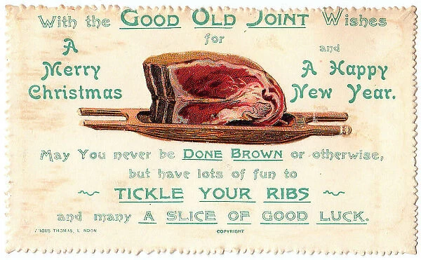 Joint of meat with comic verse on a Christmas card
