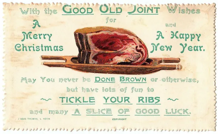 Framed Print : Joint of meat with comic verse on a Christmas card Framed Print : Joint of meat with comic verse on a Christmas card