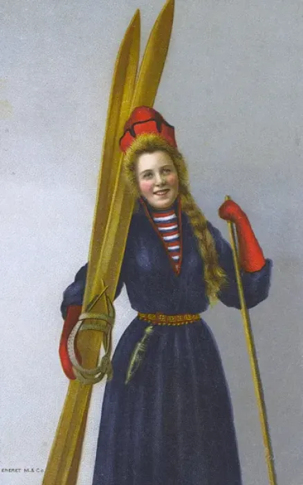 Framed Print : A jolly Norway woman with her skis Framed Print : A jolly Norway woman with her skis