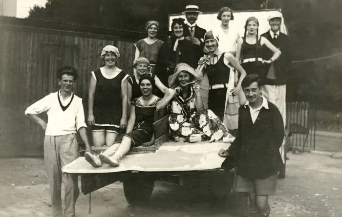 Framed Print : Jolly Seaside Theatrical Troupe pose on a flatbed truck Framed Print : Jolly Seaside Theatrical Troupe pose on a flatbed truck