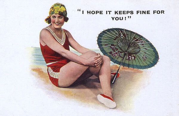 A jolly young Bather sitting cross-legged with her parasol