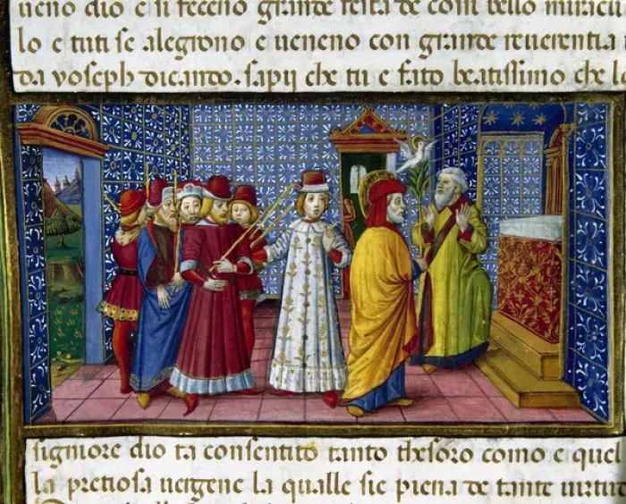 Framed Print : Joseph is elected Marys husband. Codex of Predis (1476). It Framed Print : Joseph is elected Marys husband. Codex of Predis (1476). It
