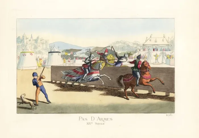 Framed Print : Jousting knights at a tournament, 14th century Framed Print : Jousting knights at a tournament, 14th century