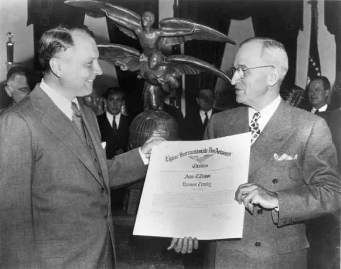 Framed Print : Juan T Trippe left is presented with the Harmon Trophy Framed Print : Juan T Trippe left is presented with the Harmon Trophy