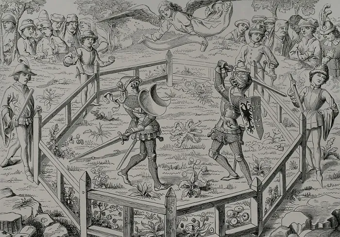 Framed Print : Judgement of God. Two knights fight a duel. Engraving Framed Print : Judgement of God. Two knights fight a duel. Engraving