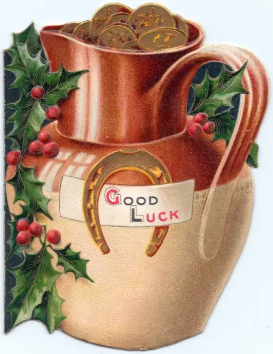 Framed Print : Jug full of money on a Good Luck Christmas card Framed Print : Jug full of money on a Good Luck Christmas card