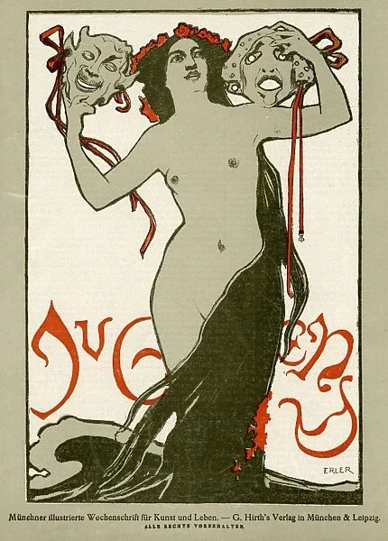 Jugend front cover, naked woman with long hair and masks