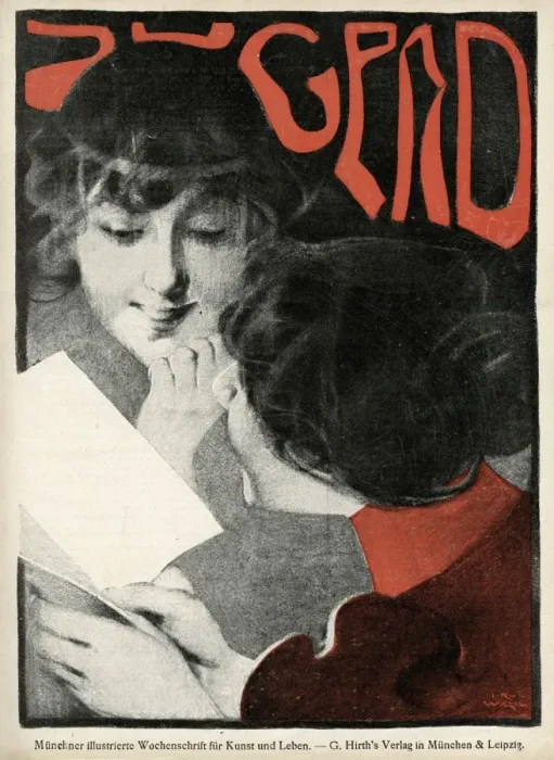 Framed Print : Jugend front cover, two women with a letter or card Framed Print : Jugend front cover, two women with a letter or card
