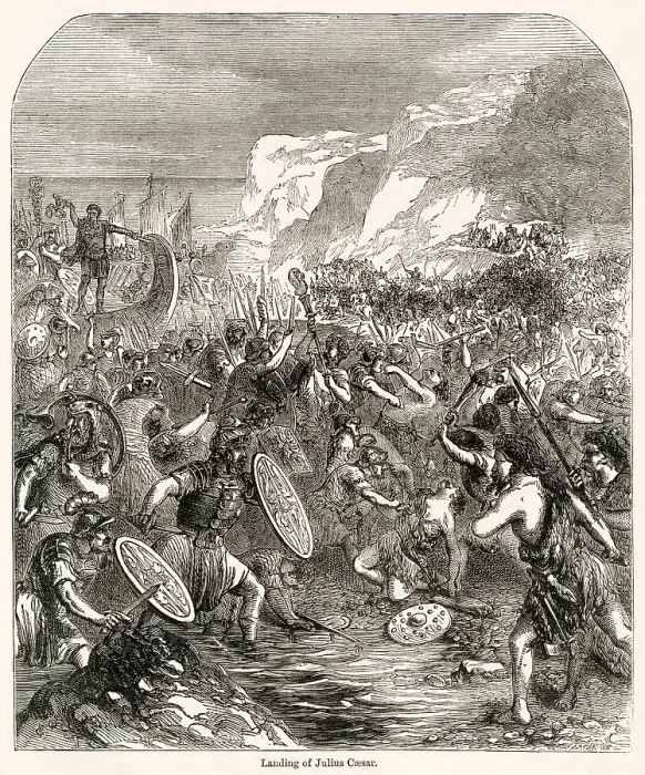 Framed Print : Julius Caesar dismbarking at Deal the South-East coast of England, fighting on the shore. Date: 55 BC Framed Print : Julius Caesar dismbarking at Deal the South-East coast of England, fighting on the shore. Date: 55 BC