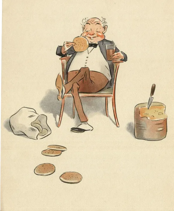 Framed Print : Jumbles by Lewis Baumer - Man with Beer and Biscuit Framed Print : Jumbles by Lewis Baumer - Man with Beer and Biscuit