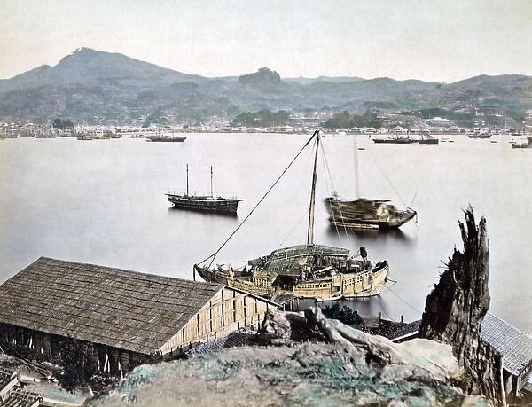 Junks at moorings (probably Nagasaki) Japan, circa 1880s
