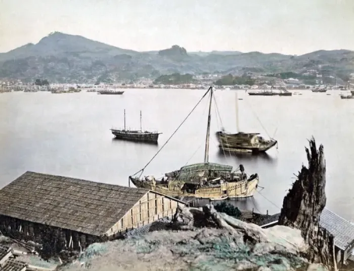 Framed Print : Junks at moorings (probably Nagasaki) Japan, circa 1880s Framed Print : Junks at moorings (probably Nagasaki) Japan, circa 1880s