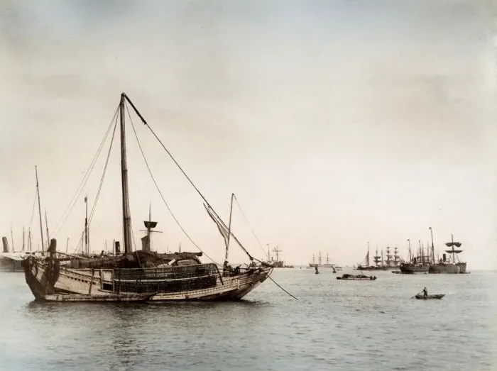 Framed Print : Junks, ships in a Japanese harbour Framed Print : Junks, ships in a Japanese harbour